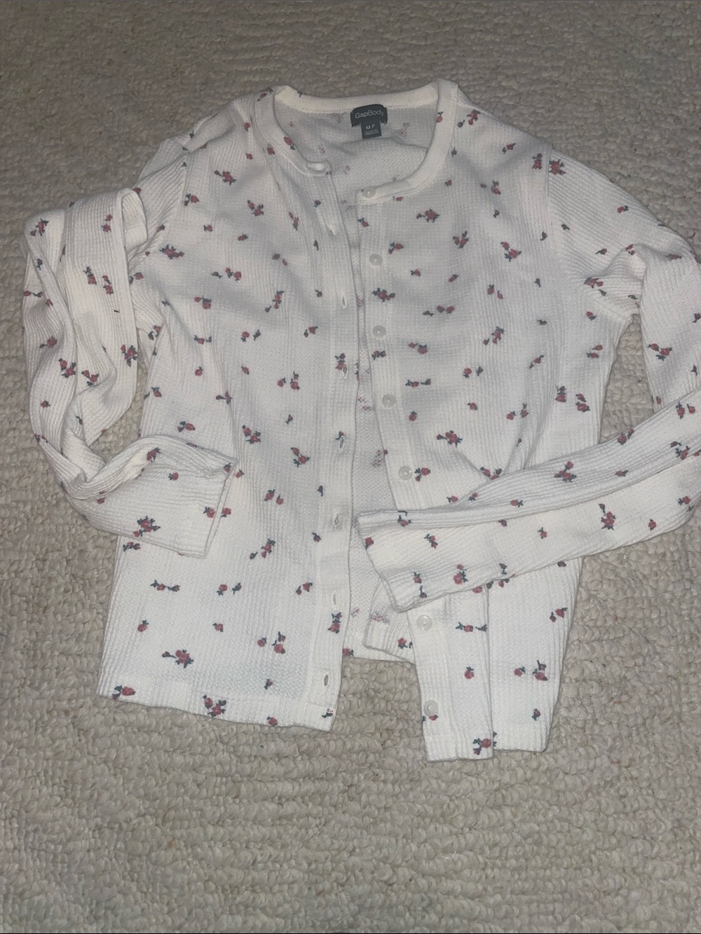GAP White Button-Front Waffle Knit Top with Pink Floral Print Sz M Petite